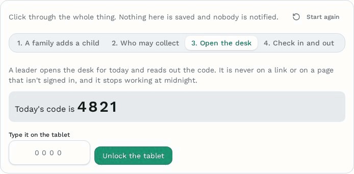 A leader opening the children's desk and reading today's desk code